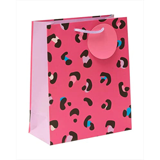 Medium pink leopard-themed gift bag with tags from UK Greetings, featuring a vibrant and playful design suitable for gifts.