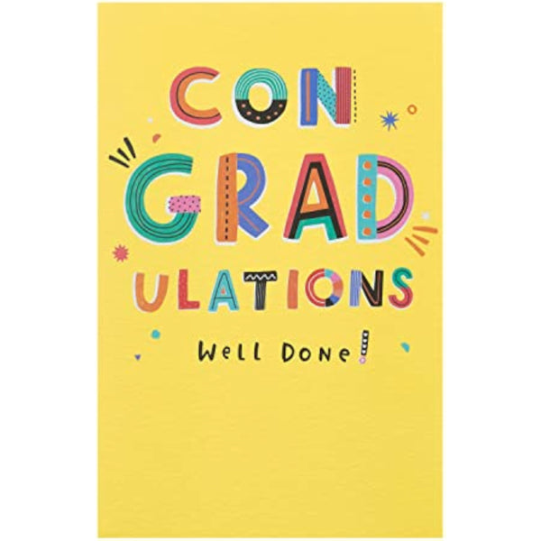 Vibrant yellow graduation card with celebratory design and UK Greetings branding, perfect for congratulating graduates.