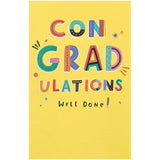 Vibrant yellow graduation card with celebratory design and UK Greetings branding, perfect for congratulating graduates.