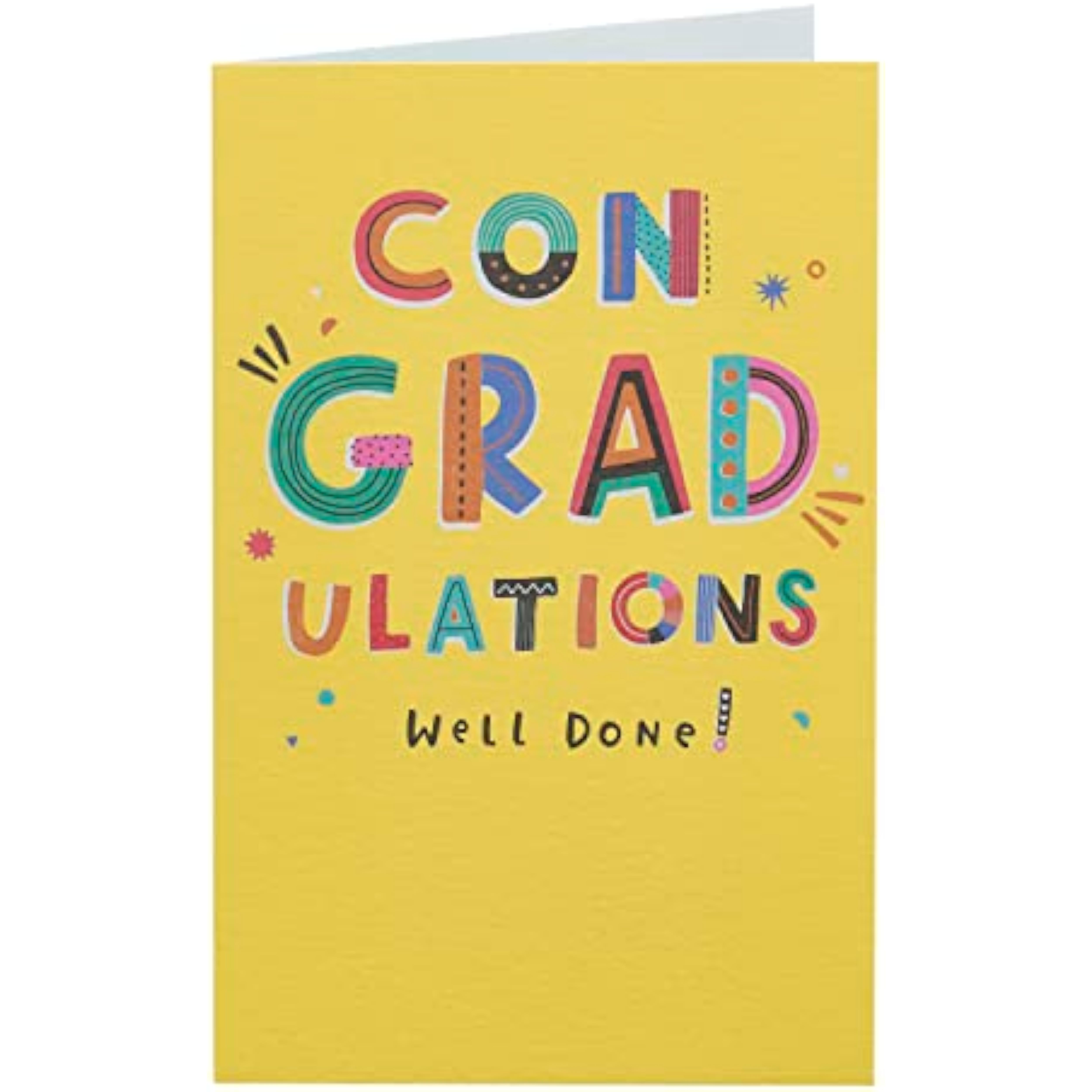 Bright yellow graduation card with vibrant celebration design, featuring festive graphics and UK Greetings branding.