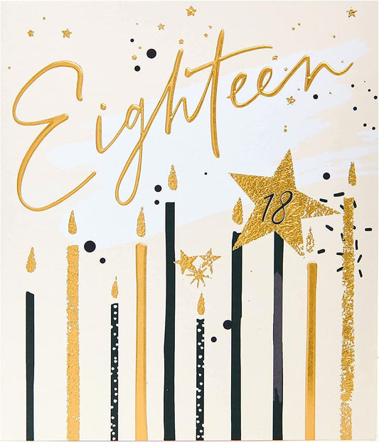 Happy 18th Starstruck birthday card from UK Greetings featuring a colorful, celestial design with stars and celebratory message.