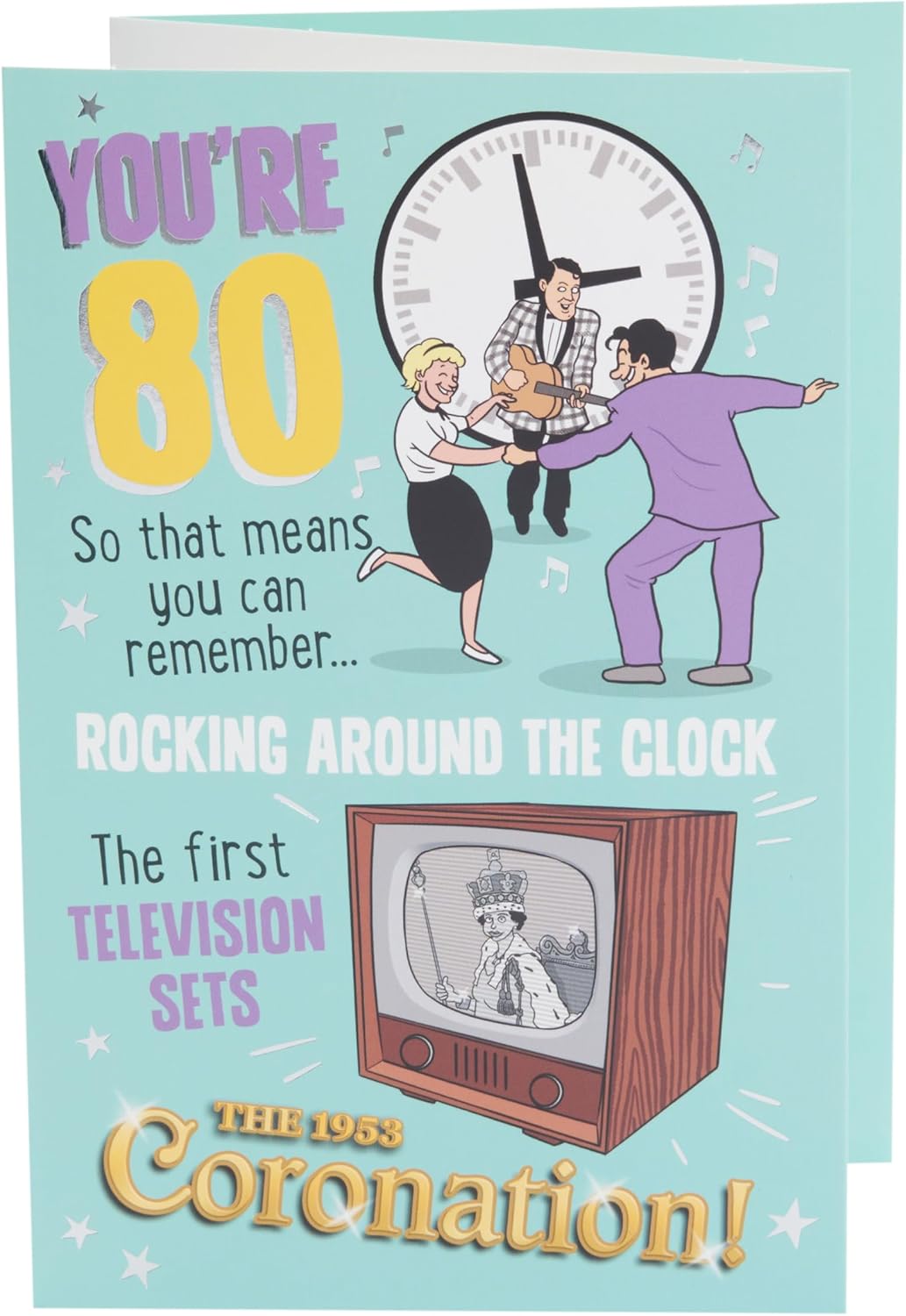 UK Greetings 80th birthday card, integrated birthday design with number 80, suitable for celebrating an 80th birthday.