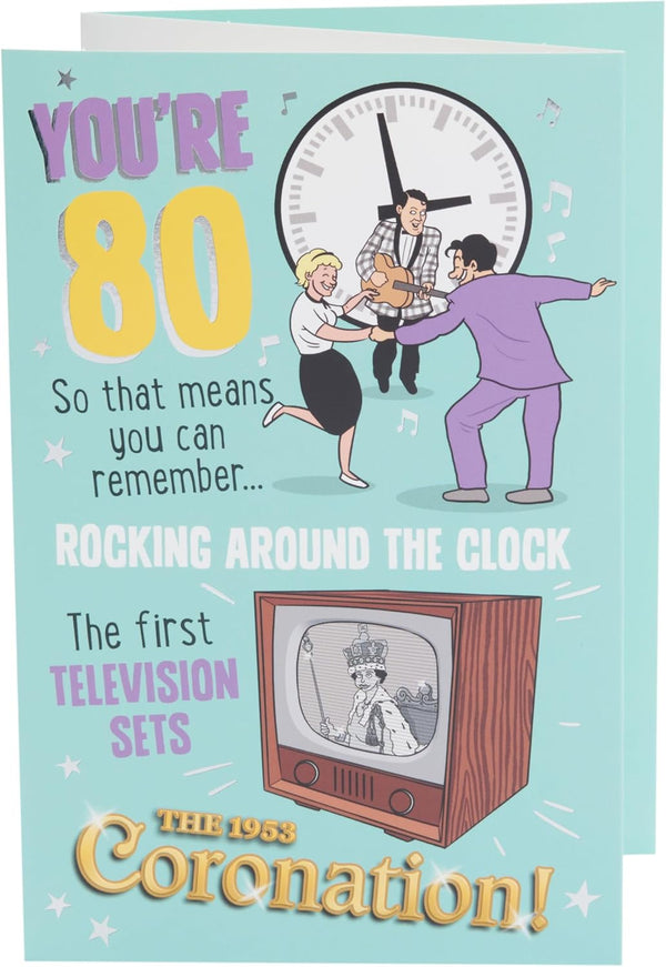 UK Greetings 80th birthday card, integrated birthday design with number 80, suitable for celebrating an 80th birthday.