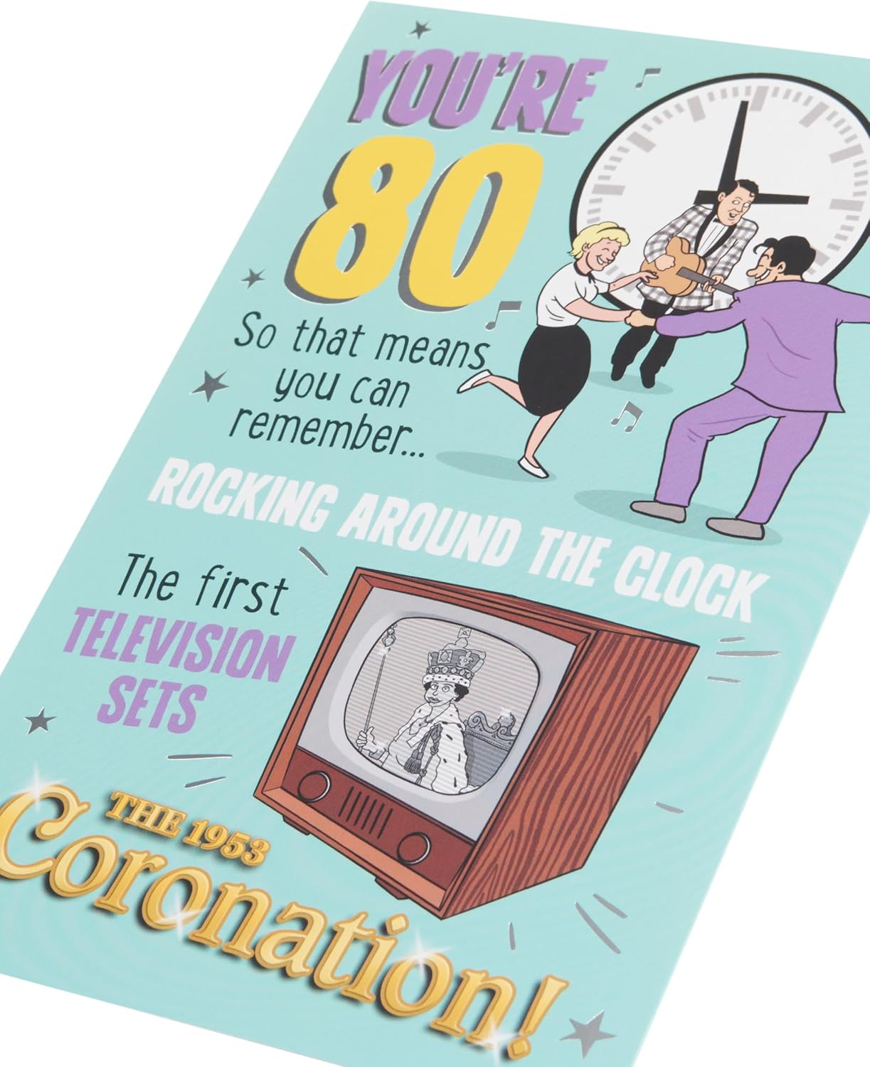 UK Greetings 80th birthday card with festive design and colorful graphics for celebrating an 80th birthday.
