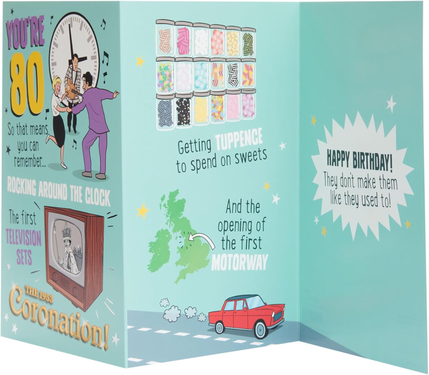 UK Greetings Integrated 80th Birthday card with colorful design and festive elements for celebrating an 80th birthday.