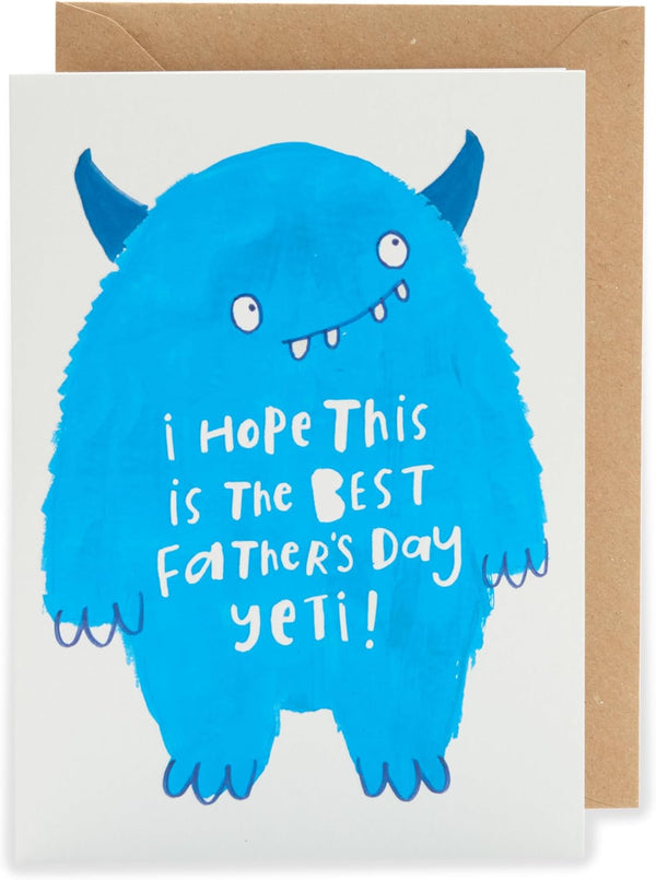 Father's Day card from UK Greetings featuring a "Kindred - Best Father's Day Yeti" design with cheerful, colorful artwork.