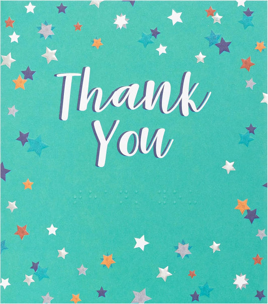 Lovely star-themed Braille thank you card by UK Greetings with elegant design and embossed star details.