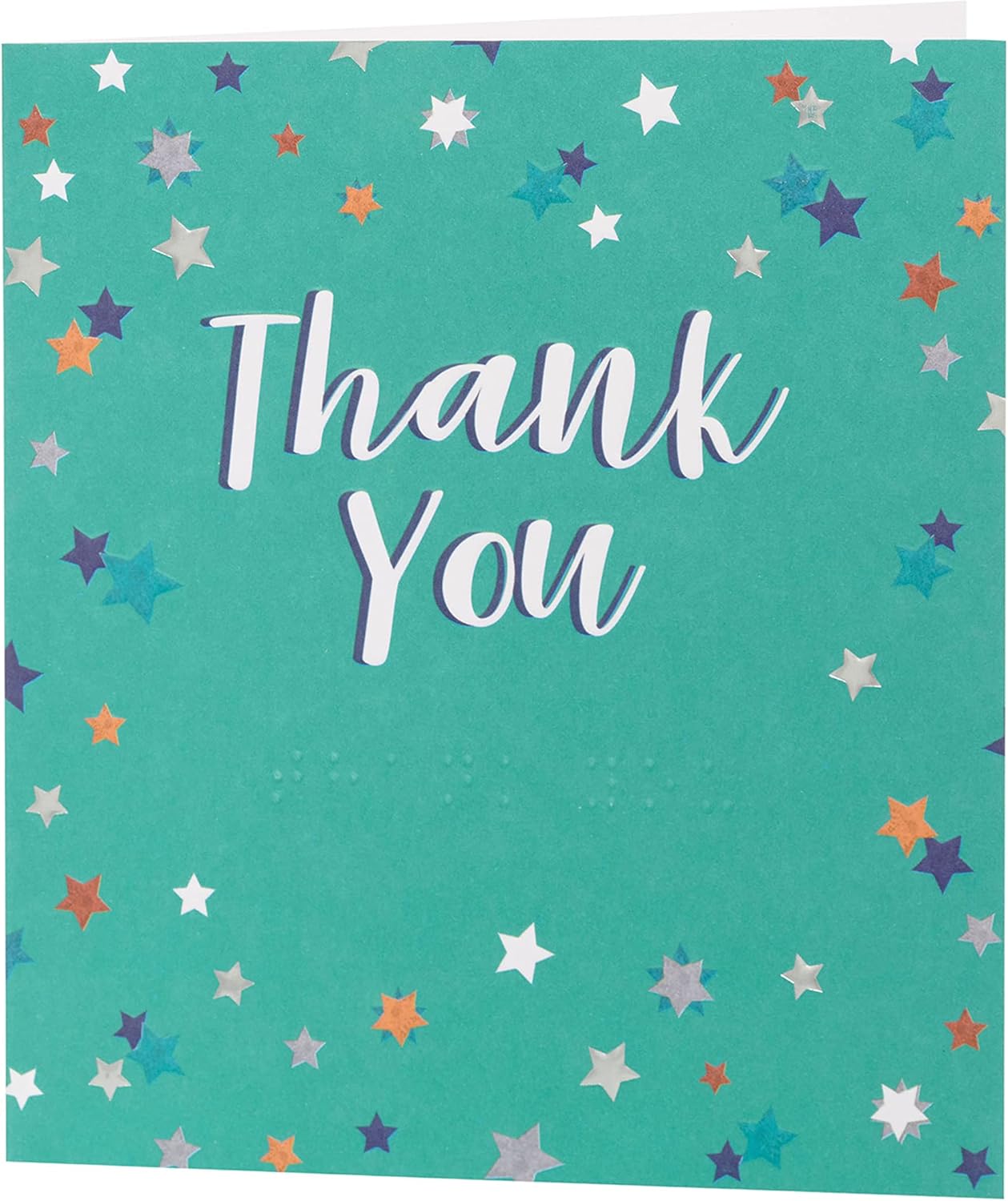 Thank you card with star design and braille "Thank You" message from UK Greetings, featuring a lovely star pattern.