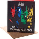 Marvel Avengers Dad birthday card featuring a superhero design with the Mightiest Hero logo, perfect for superhero-themed celebrations.