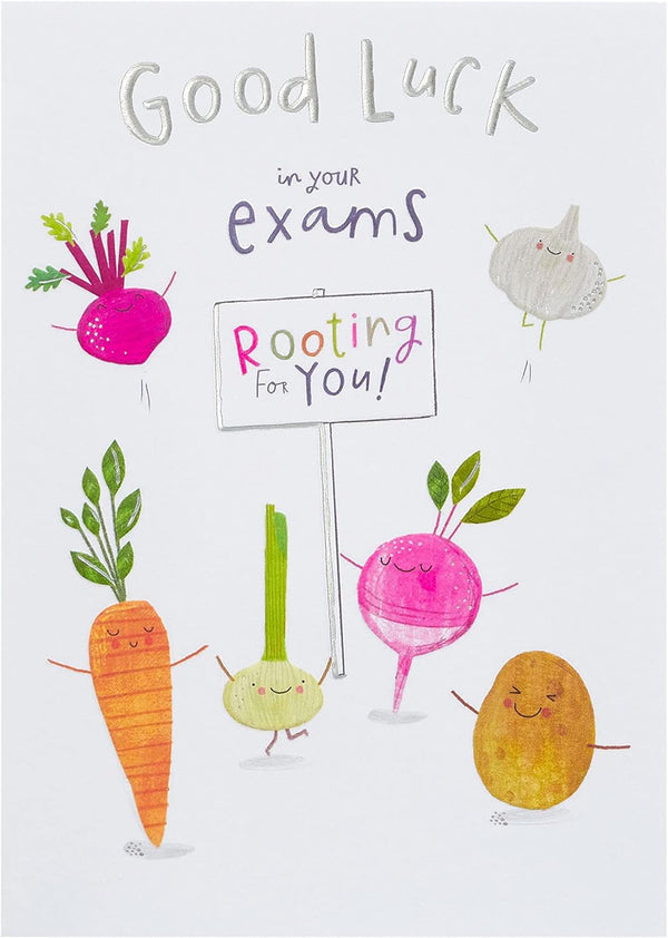 Rooting For You Good Luck Exams card by UK Greetings featuring colorful, cheerful design with encouraging message for students.