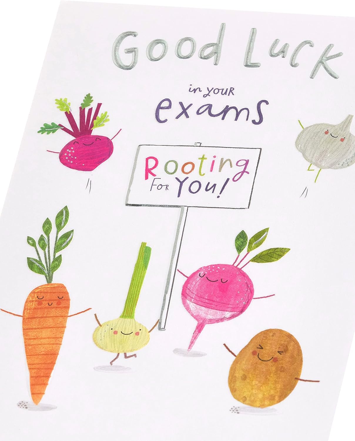 UK Greetings Rooting For You Good Luck Exams card with colorful design and encouraging message for students.
