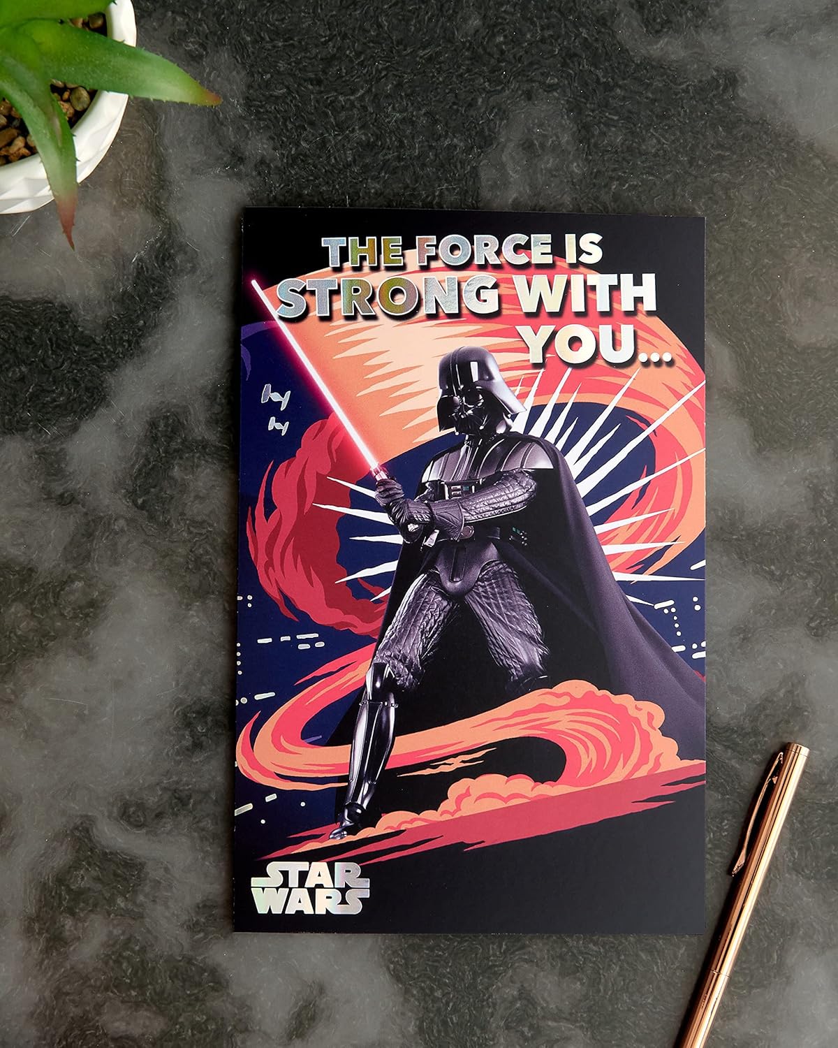 Star Wars Darth Vader birthday card for him or boy featuring Darth Vader illustration on a festive background