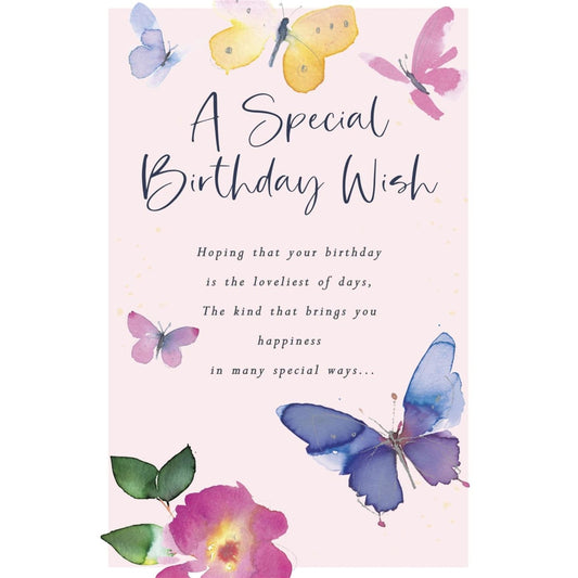 Elegant birthday card featuring butterfly design from UK Greetings, showcasing intricate butterfly illustrations and festive greeting text.