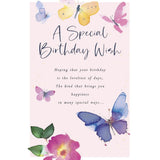 Elegant birthday card featuring butterfly design from UK Greetings, showcasing intricate butterfly illustrations and festive greeting text.