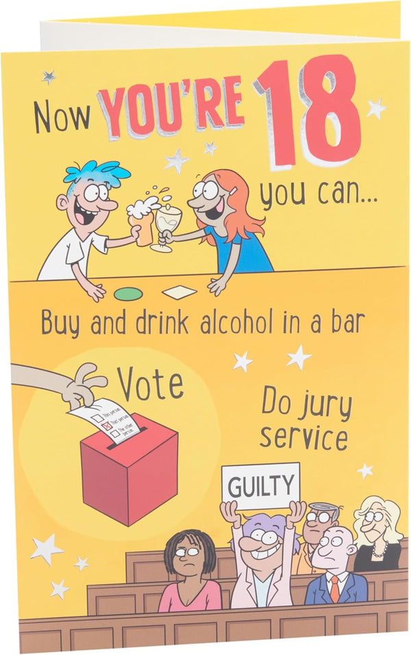 UK Greetings 18th birthday card for him, her, or friend with a witty cartoon design, perfect for celebrating milestone birthdays.