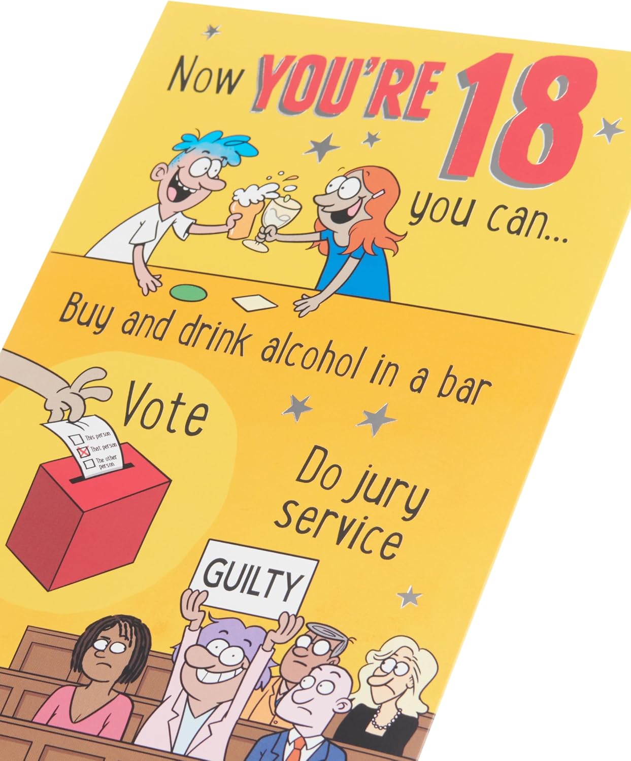 UK Greetings 18th birthday card for him, her, or friends featuring a witty cartoon design, perfect for celebrating milestone birthdays.