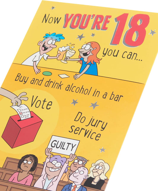 UK Greetings 18th birthday card for him, her, or friends featuring a witty cartoon design, perfect for celebrating milestone birthdays.