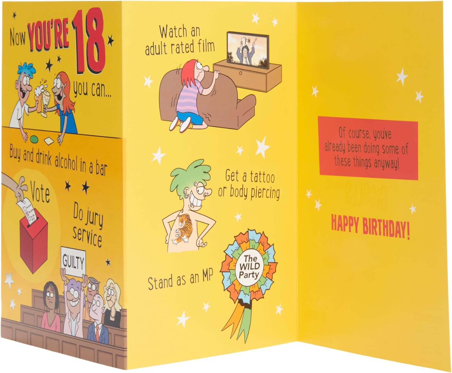 UK Greetings 18th birthday card with witty cartoon design, suitable for him, her, or friends, featuring colorful, humorous artwork.