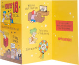 UK Greetings 18th birthday card with witty cartoon design, suitable for him, her, or friends, featuring colorful, humorous artwork.