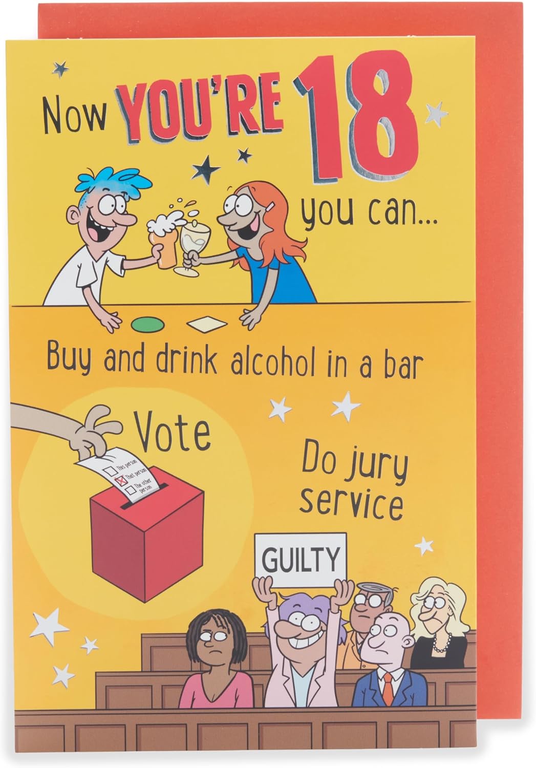 UK Greetings 18th birthday card with witty cartoon design, suitable for him, her, or friends, featuring colorful cartoon artwork.