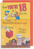 UK Greetings 18th birthday card with witty cartoon design, suitable for him, her, or friends, featuring colorful cartoon artwork.