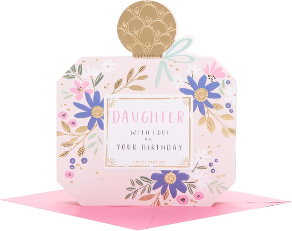 UK Greetings birthday card for daughter featuring a perfume bottle-shaped design with floral accents and elegant details.