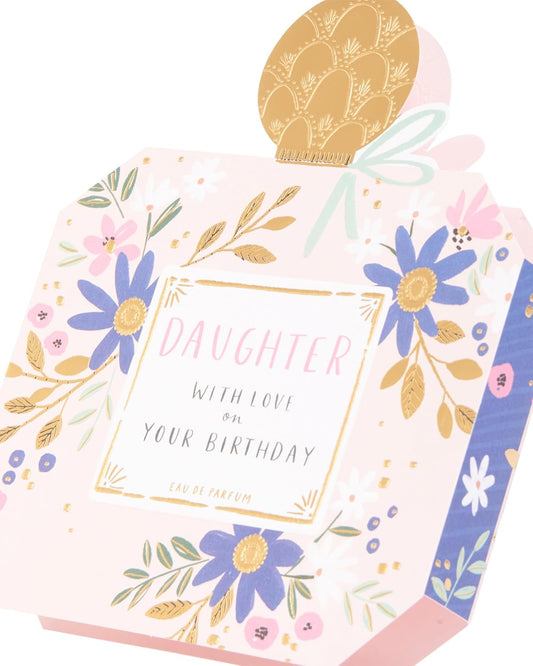 UK Greetings birthday card for daughter featuring a perfume bottle-shaped design with colorful floral accents.