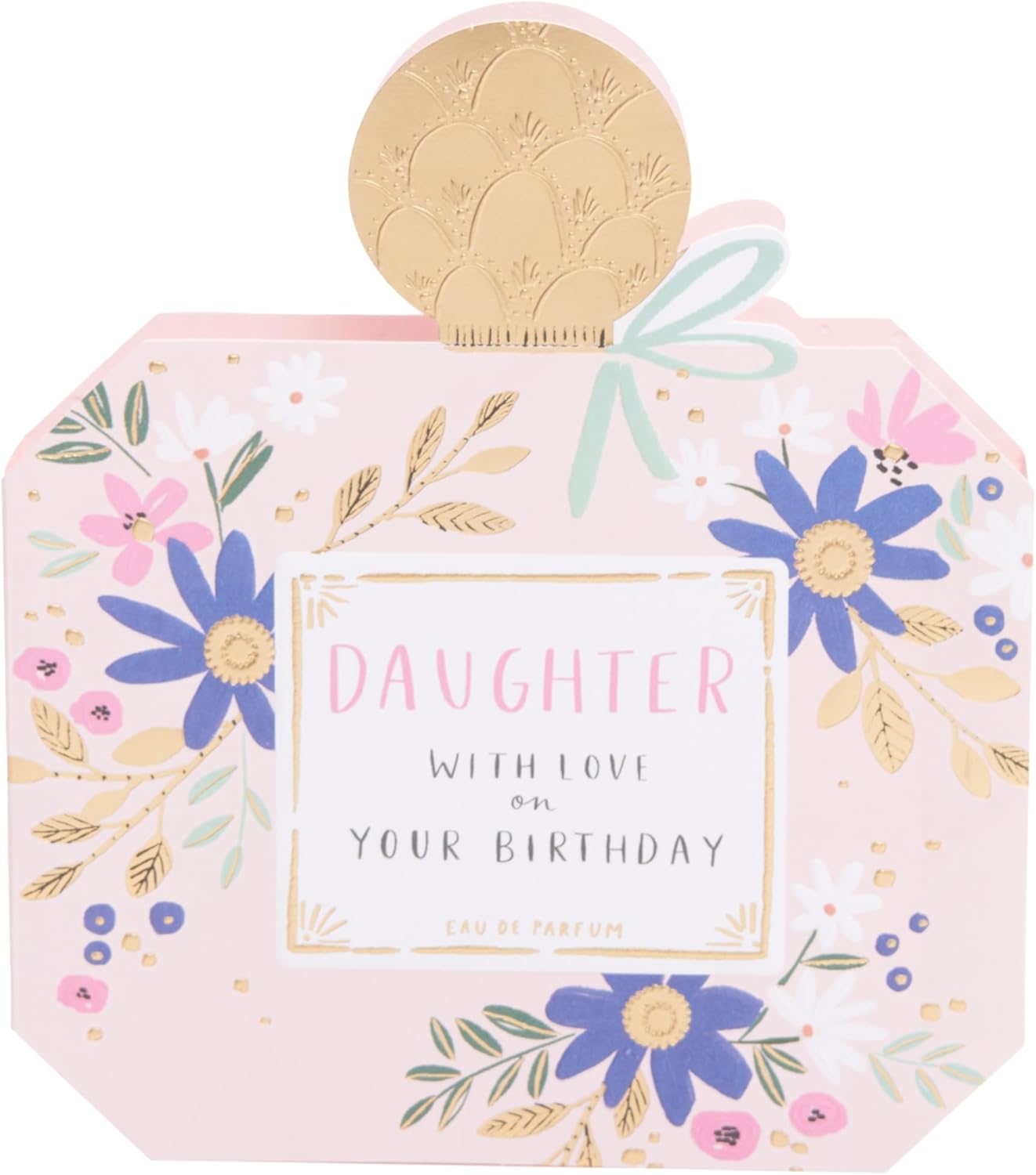 UK Greetings birthday card for daughter featuring a perfume bottle-shaped design, with floral and elegant decorative elements.