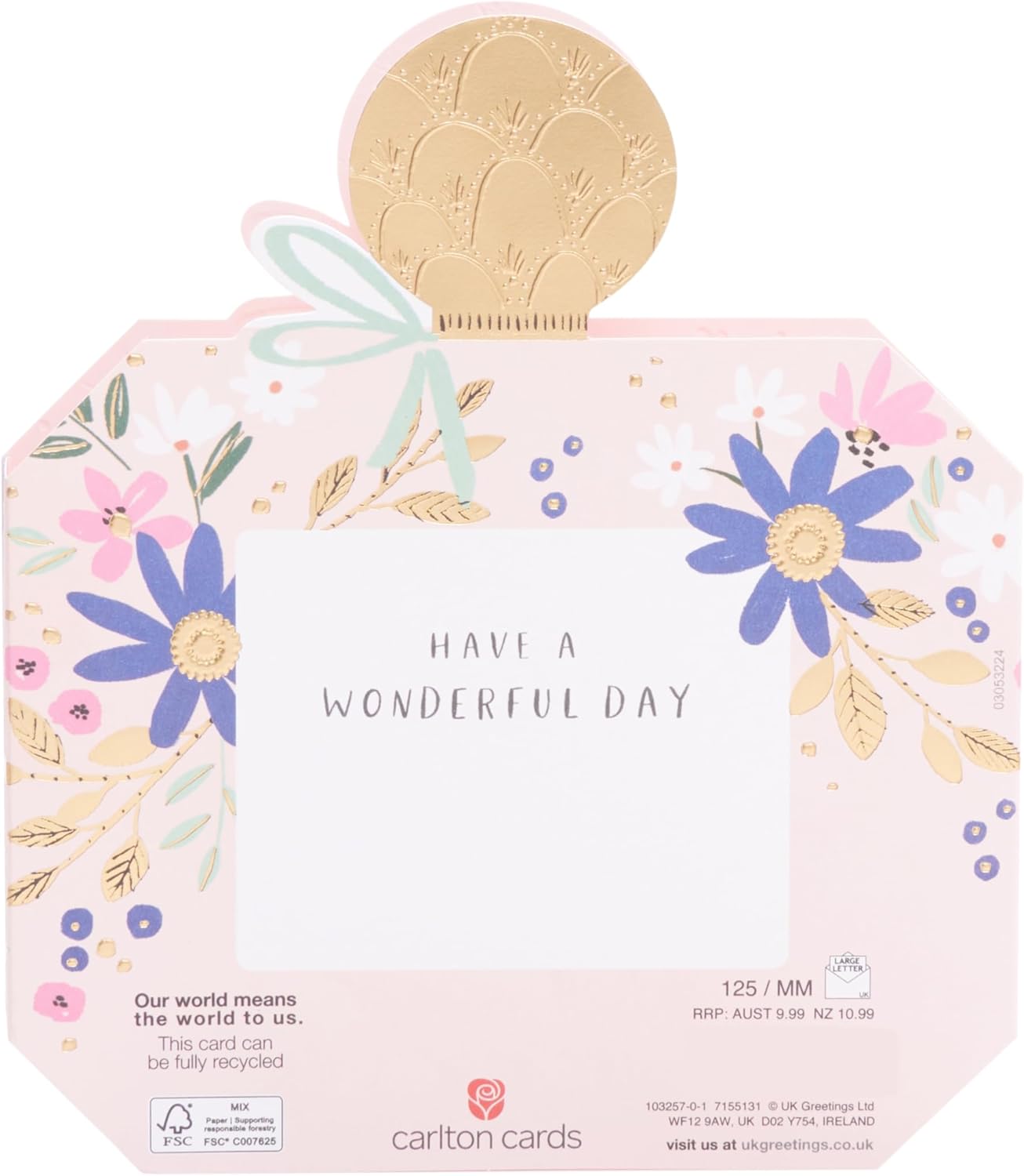 UK Greetings birthday card for daughter featuring a perfume bottle-shaped design with colorful floral accents.