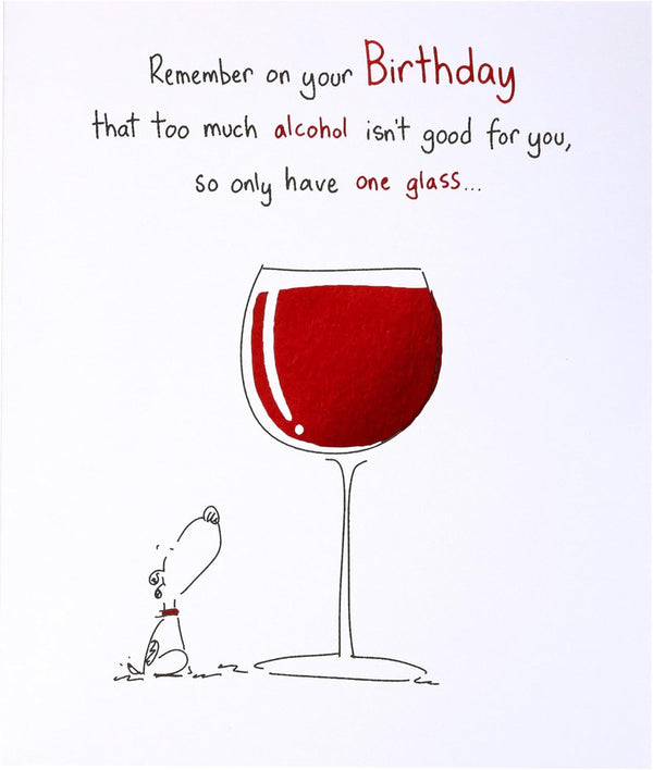 UK Greetings humorous birthday card for her or friend featuring a funny wine design and colorful illustrations.