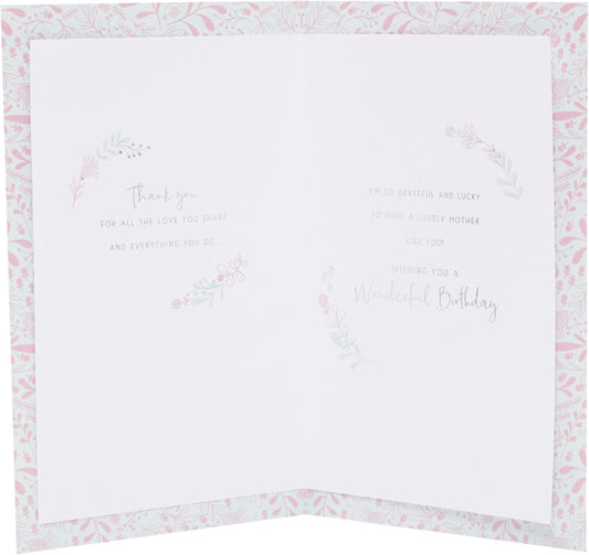 UK Greetings Mother's Love birthday card for mum featuring floral design and heartfelt message in bright, cheerful colors.