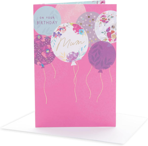UK Greetings birthday card for mum featuring a stylish balloons design with colorful balloon illustrations and cheerful birthday message.