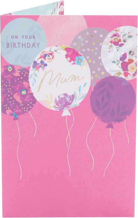 UK Greetings birthday card for mum featuring a stylish balloon design, with colorful balloons and festive accents.