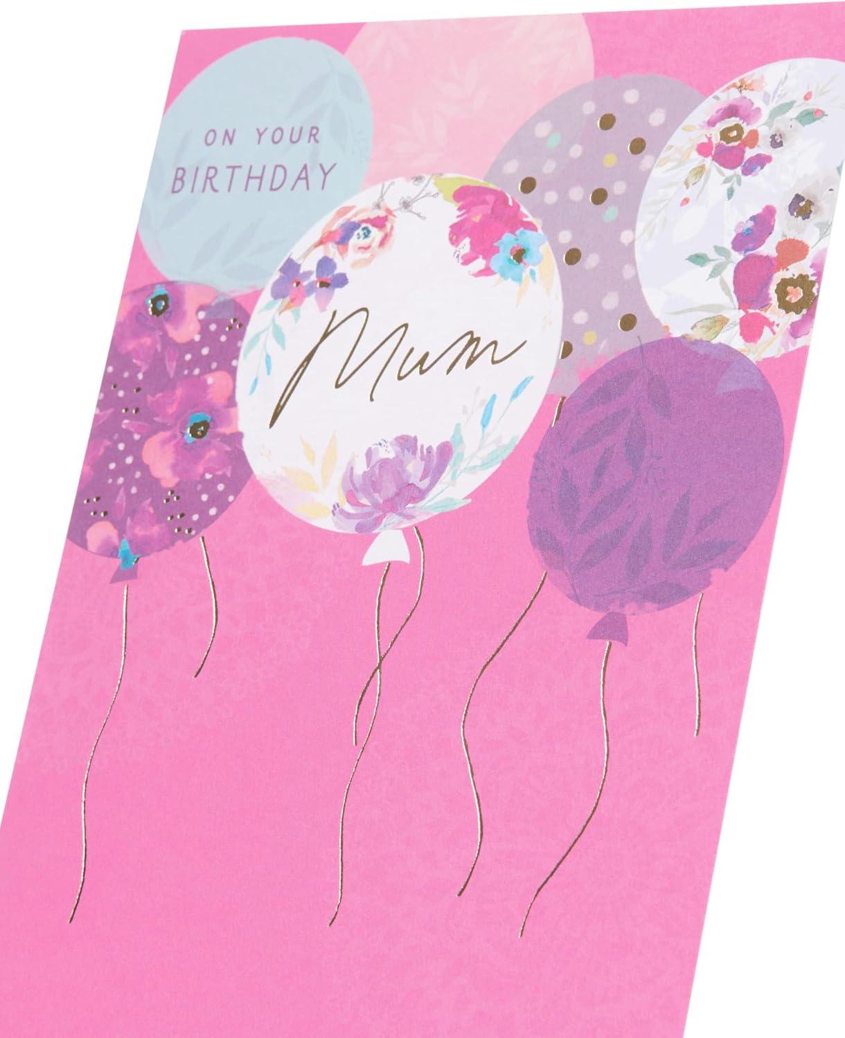 UK Greetings birthday card for mum featuring a stylish design with colorful balloons and festive decorations.