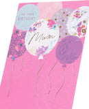 UK Greetings birthday card for mum featuring a stylish design with colorful balloons and festive decorations.