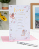 UK Greetings birthday card for niece featuring a whimsical fairies design, colorful illustration with cheerful fairy characters.
