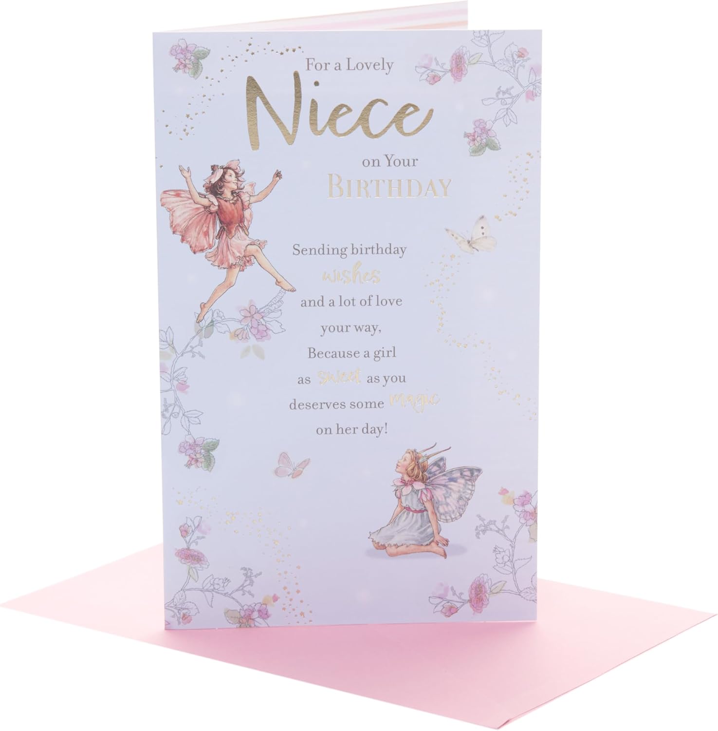 UK Greetings birthday card featuring a whimsical fairies design for a niece, colorful and festive for special celebrations.