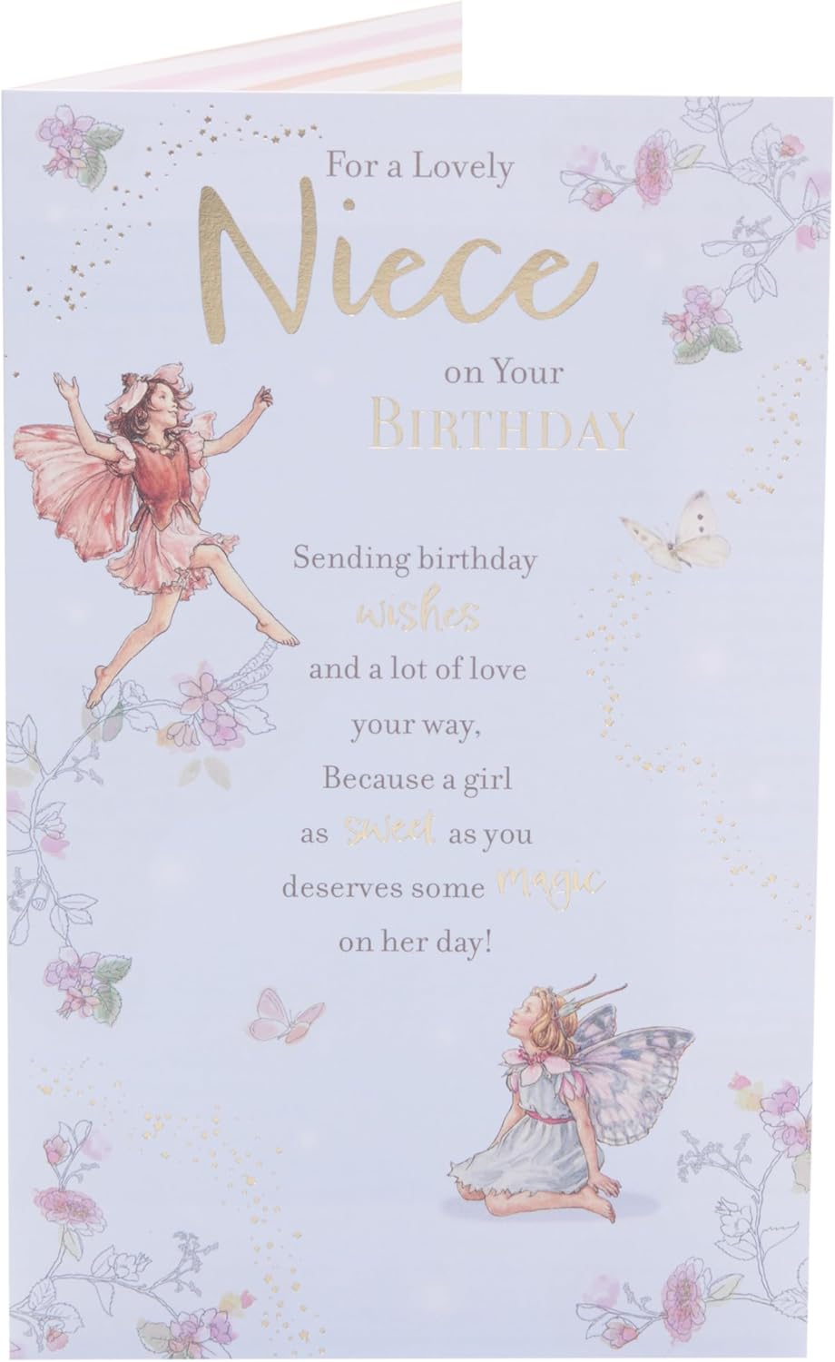 UK Greetings birthday card for niece featuring a colorful fairies design with whimsical illustrations and cheerful birthday message.