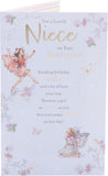 UK Greetings birthday card for niece featuring a colorful fairies design with whimsical illustrations and cheerful birthday message.