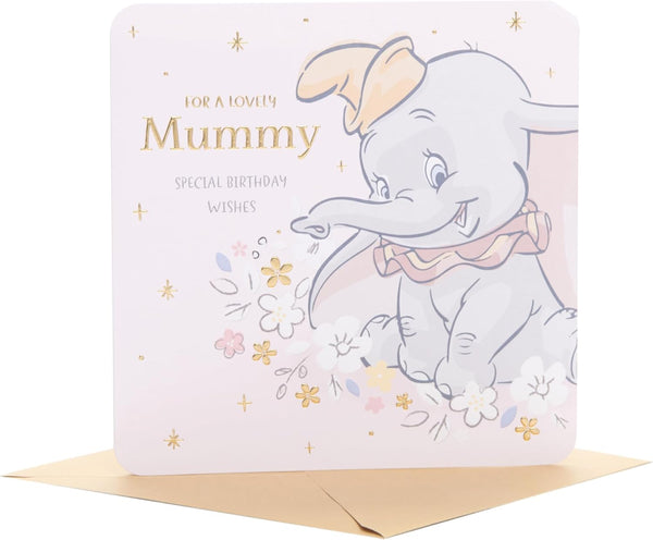 UK Greetings Disney Dumbo birthday card for Mummy featuring a special wishes design with Dumbo illustration and colorful decorations.