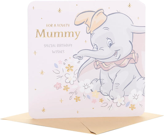 UK Greetings Disney Dumbo birthday card for Mummy featuring a special wishes design with Dumbo illustration and colorful decorations.