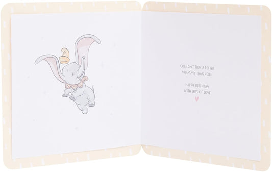 UK Greetings Disney Dumbo birthday card featuring Dumbo and birthday wishes for Mummy, with colorful and festive design.