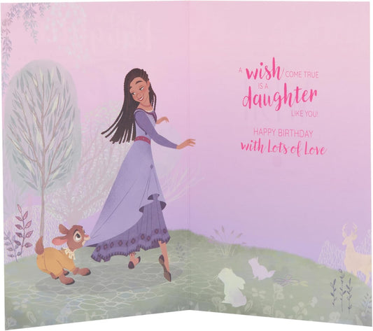 UK Greetings Disney Wish birthday card for daughter featuring Asha design with colorful Disney characters and festive artwork.