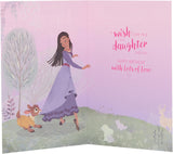 UK Greetings Disney Wish birthday card for daughter featuring Asha design with colorful Disney characters and festive artwork.