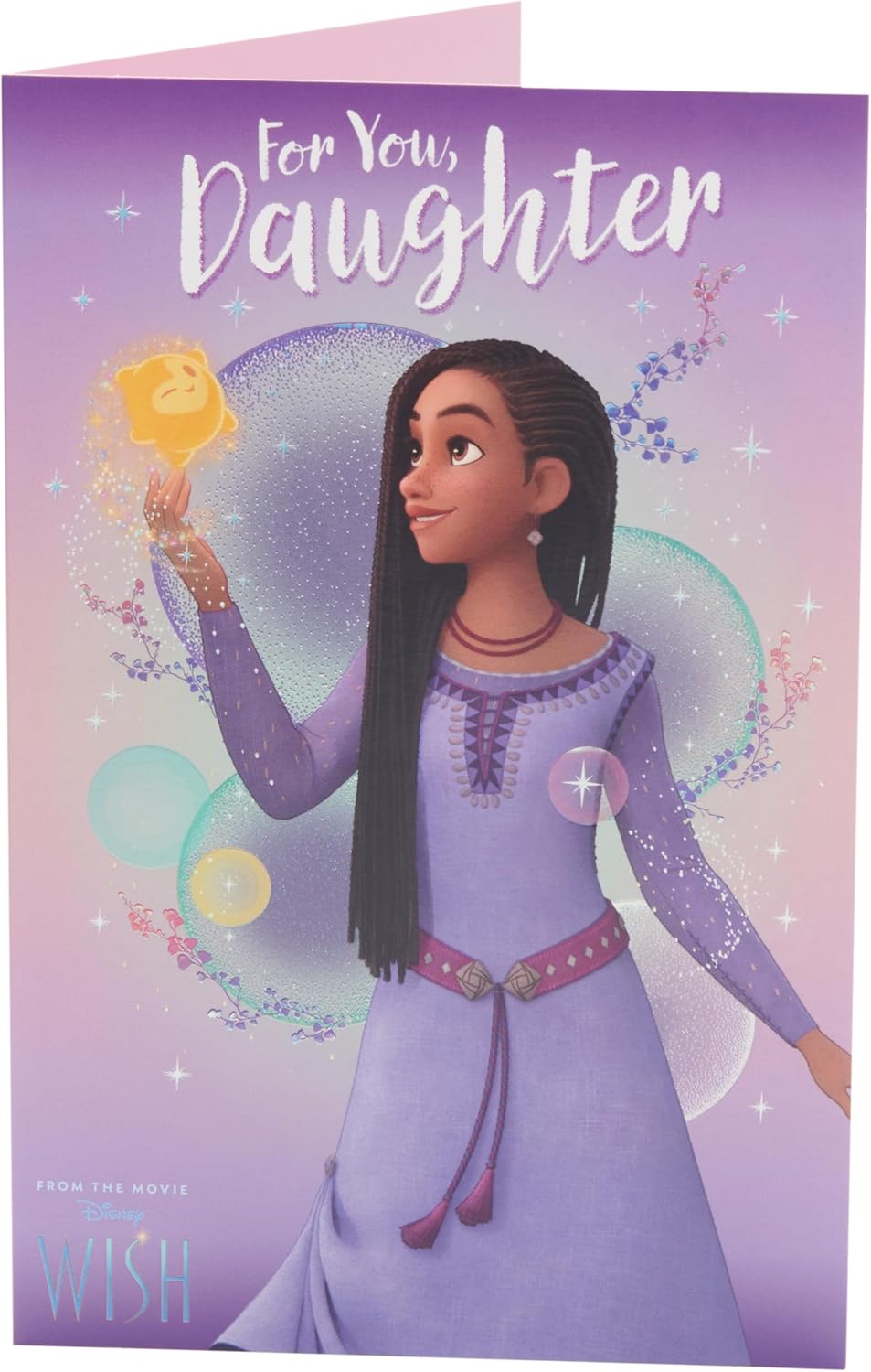 Disney Wish birthday card for daughter by UK Greetings featuring Asha design with colorful Disney princess illustrations.