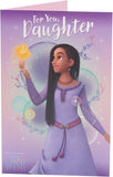 Disney Wish birthday card for daughter by UK Greetings featuring Asha design with colorful Disney princess illustrations.