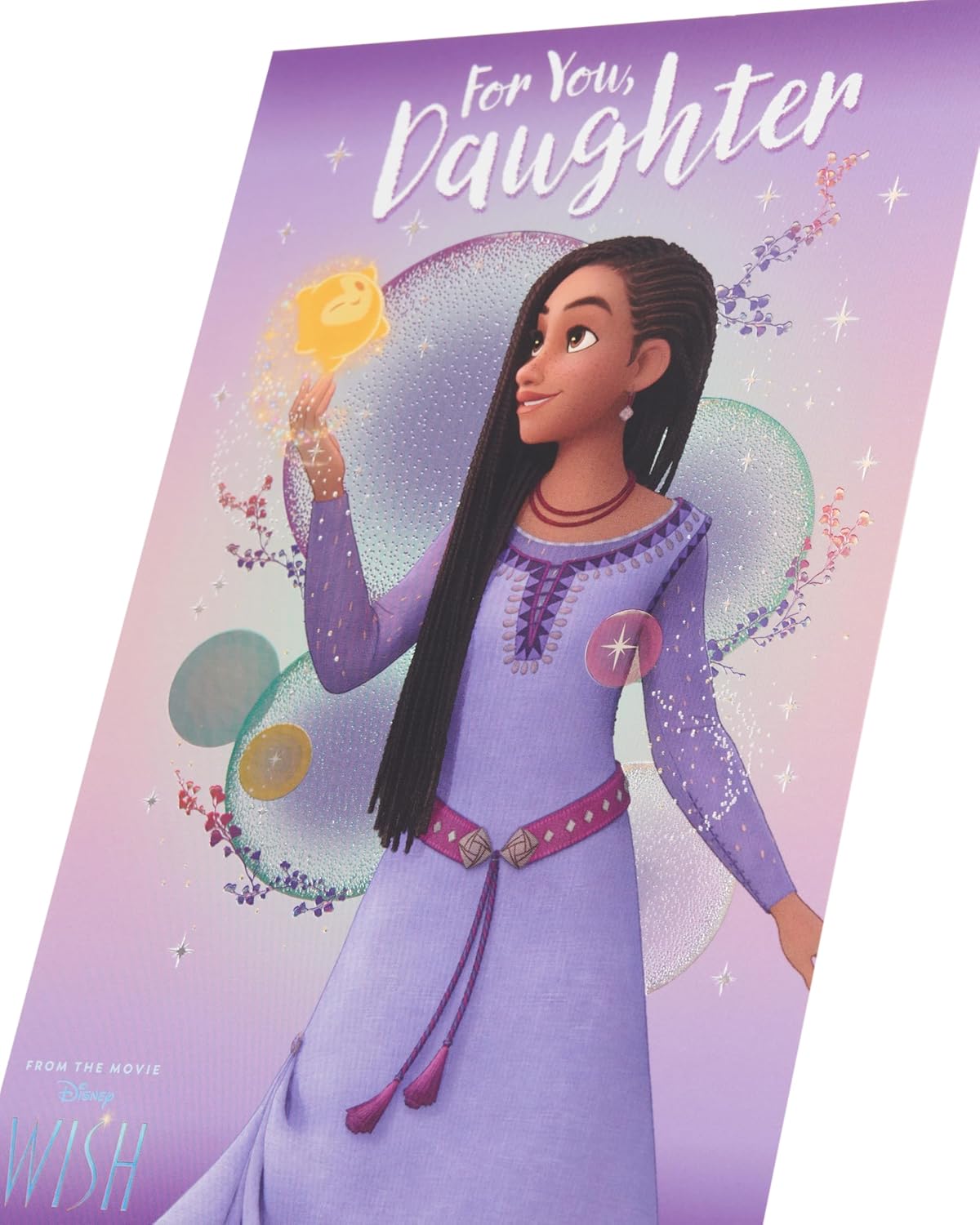 UK Greetings Disney Wish birthday card for daughter featuring Asha design with colorful Disney characters and festive decorations.