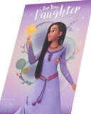 UK Greetings Disney Wish birthday card for daughter featuring Asha design with colorful Disney characters and festive decorations.