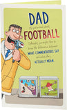 UK Greetings Father's Day card for Dad featuring a humorous football design, with colorful football-themed illustrations.