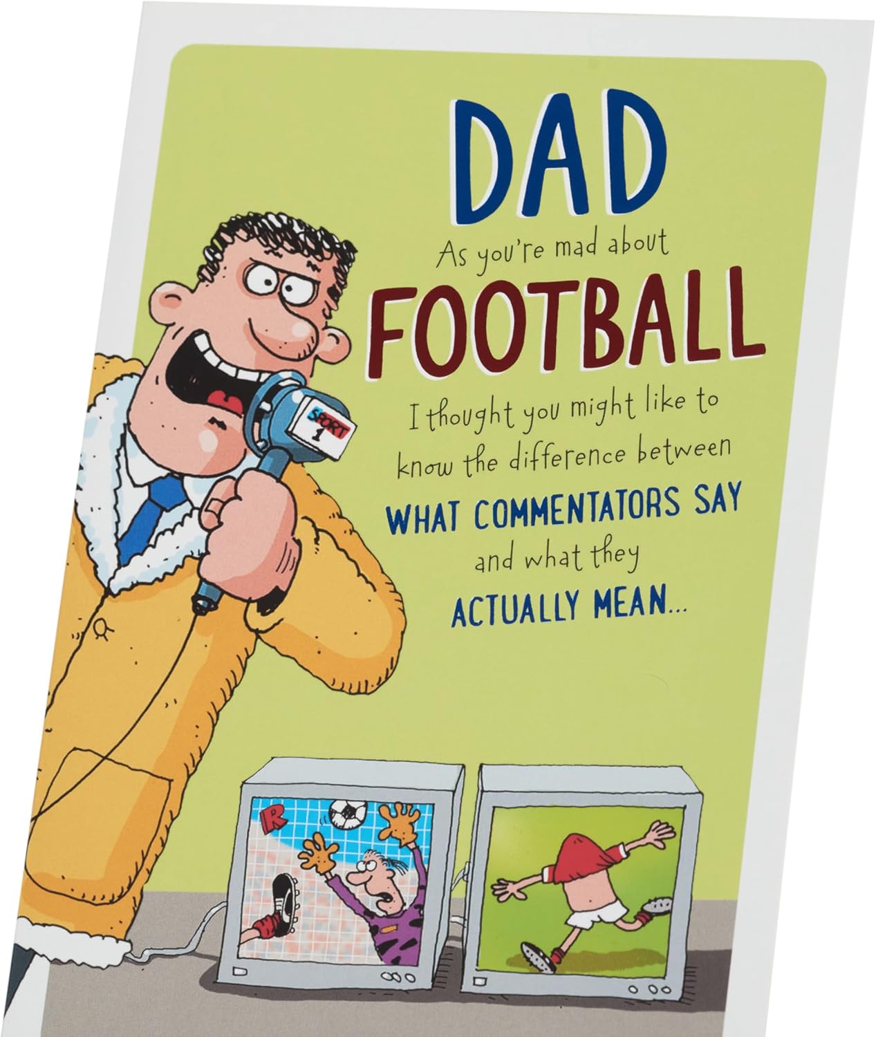 UK Greetings Father's Day card for dad with a humorous football design, featuring colorful football-themed artwork.
